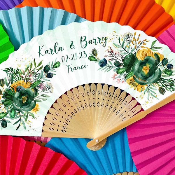 Personalized Destination Wedding Party Favors Floral Printed Paper Fans Gifts for Guests Bulk Custom Wooden Fan Bridal Shower Gift Logo Sign