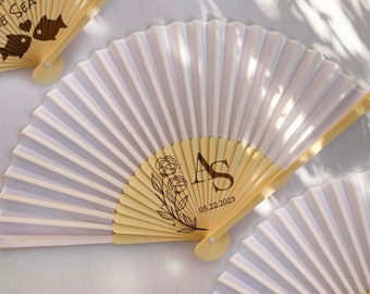 Personalized Wedding White Hand Fan Custom Engraved Folding Silk Fans Party Favors Gifts Guests Bulk Quinceanera Fabric Cloth Handheld Fans