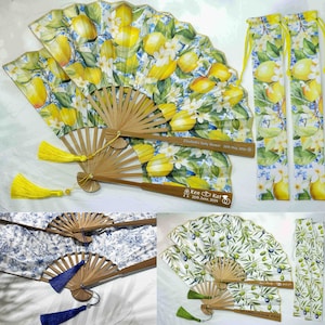 Personalisierte benutzerdefinierte Handfächer + Tasche + Quaste Set Hochzeit Gastgeschenke Gäste Massen falten Taschenhand Stoff Tuch Fans Zitrone Blumen Fans