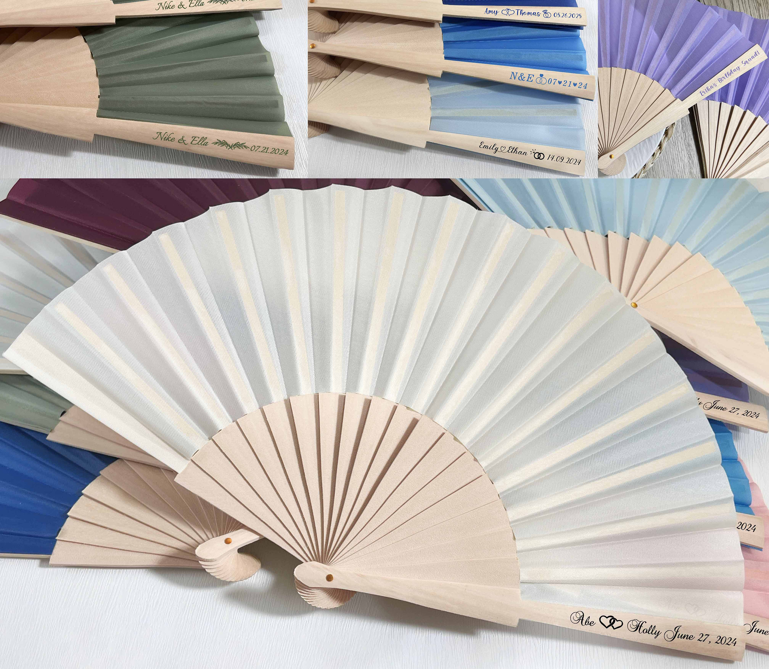 Personalized Custom Sage Green Wooden Fabric Fans Wedding Party Favors Gifts Guests Bulk Engraved Cloth Fans Monogram Folding Hand Fans Gift