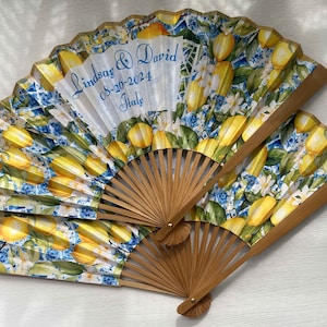 Ventagli in tessuto personalizzati personalizzati Bomboniere per matrimoni Regali Ospiti Ventagli pieghevoli floreali al limone sfusi Ventagli in stoffa arancione Souvenir per concerti