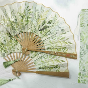 Sage Fabric Fans & Bags Set Personalized Custom DIY Cloth Fan Tassels Birthday Wedding Party Favors Bride Bridesmaid Gifts Folding Hand Fans