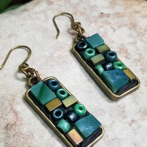 Mosaic style stained glass and beads dangle earrings. Wearable art. Unique jewelry.