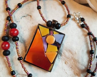 Abstract Multi-color Stained Glass Mosaic Pendant - One of a Kind, Wearable Art