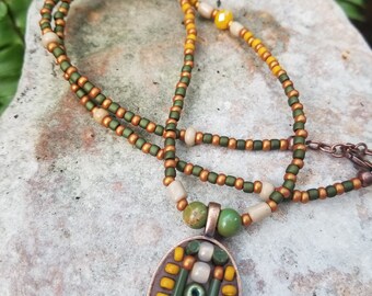 Petite stained glass mosaic necklace in earthy greens/yellows. Boho chic, wearable art, unique necklace. African opals.