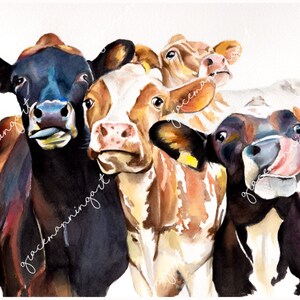 May include: A watercolor painting of four cows with brown, black, and white markings. The cows are looking at the viewer with their tongues sticking out. The painting is done in a realistic style.