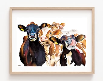 Silly Cows Print | Matted Watercolor Print | Farmhouse Décor | Cow Décor | Farmhouse Print | Cow Painting | Home décor | Wall Art