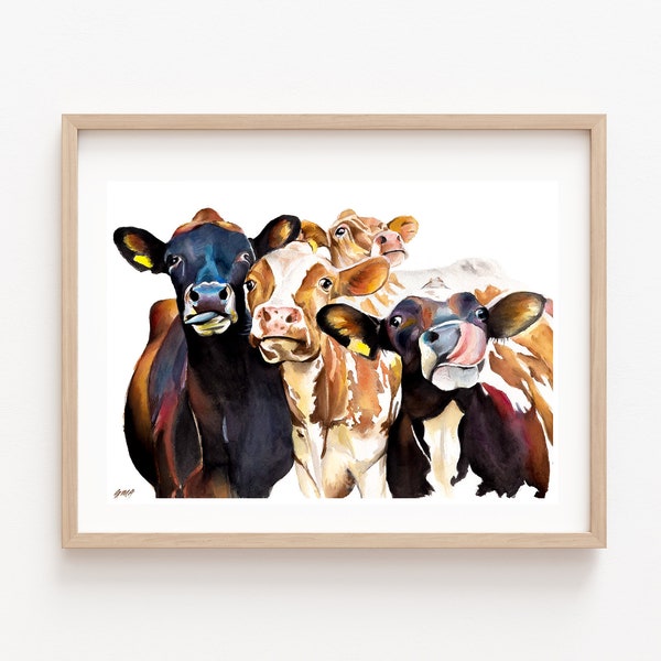 Impression de vaches stupides | Aquarelle emmêlée | Décoration de ferme | Décoration vache | Impression de ferme | Peinture vache | Décoration d'intérieur | Art mural