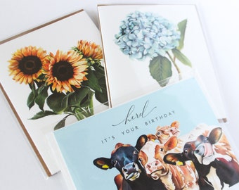 Mix and Match Card Set / 6 Pack / Sunflower Card / Hydrangea Card / Botanical Blank Greeting Card / Herd It's Your Birthday Cow Card / Gifts