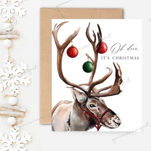 Oh Deer, Es ist Weihnachten | Reindeer Weihnachtskarte | Einzel- oder 6er-Pack | Rot oder Kraft Umschlag | Aquarell-Weihnachtskarte | Weihnachts-Dekor