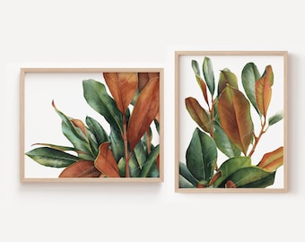 Conjunto de 2 estampas de magnólia | Arte de parede de magnólia | Folhas de magnólia | Pintura Botânica | Arte de parede minimalista | Decoração de casa de magnólia