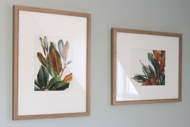 May include: Two framed botanical prints featuring watercolor illustrations of magnolia leaves in shades of green, brown, and red.
