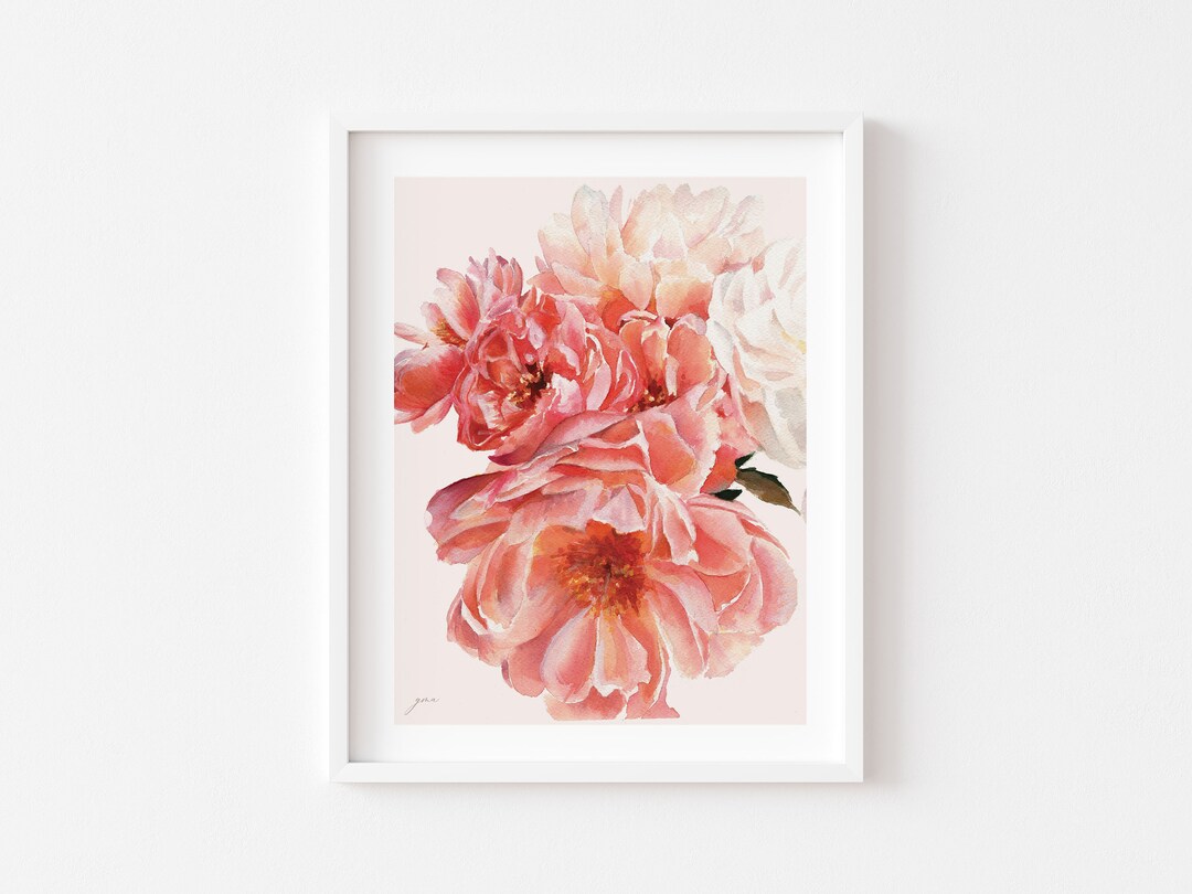 Pink Peonies Print - Cream Background or Light Grey Background - Floral ...