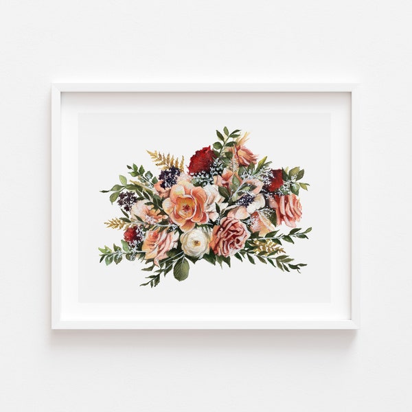 Matted Floral Bouquet Print | Botanical Print | Watercolor Florals | 5x7 Matted Print | Girl's Room Decor | Floral Home Decor