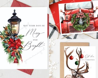 Variety Pack Christmas Cards | 6 Pack | Red or Kraft Envelope | 2 Red Trucks | 2 Oh Deer | 2 Christmas Street Lamp | Holiday Variety Pack