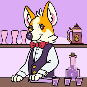 K&ouml;nnte beinhalten: Ein Cartoon-Hund im Smoking und mit Fliege serviert lila Getr&auml;nke in Schnapsgl&auml;sern an einer Bar. Der Hund l&auml;chelt und h&auml;lt eine lila Flasche mit Fl&uuml;ssigkeit. Auf dem Regal hinter dem Hund steht ein lila Krug.