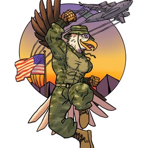 K&ouml;nnte beinhalten: Ein Cartoon-Adler in Tarnkleidung und Milit&auml;rhut, mit einer geballten Faust in die Luft erhoben. Der Adler fliegt mit ausgebreiteten Fl&uuml;geln, und im Hintergrund ist eine amerikanische Flagge zu sehen. Der Adler befindet sich vor einem Sonnenuntergang mit Bergen in der Ferne.