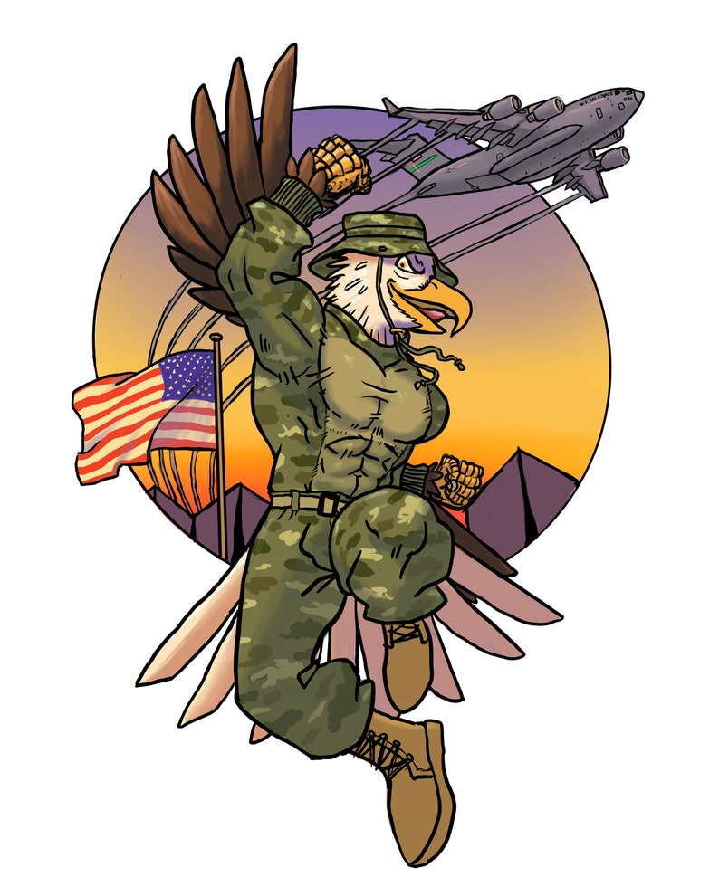 K&ouml;nnte beinhalten: Ein Cartoon-Adler in Tarnkleidung und Milit&auml;rhut, mit einer geballten Faust in die Luft erhoben. Der Adler fliegt mit ausgebreiteten Fl&uuml;geln, und im Hintergrund ist eine amerikanische Flagge zu sehen. Der Adler befindet sich vor einem Sonnenuntergang mit Bergen in der Ferne.