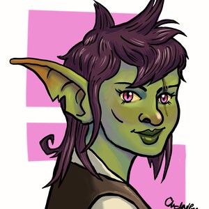 K&ouml;nnte beinhalten: Eine digitale Illustration eines gr&uuml;nh&auml;utigen Goblins mit lila Haaren, der eine braune Weste und ein wei&szlig;es Hemd tr&auml;gt. Der Goblin hat gro&szlig;e Ohren und rosa Augen. Der Hintergrund ist hellrosa.