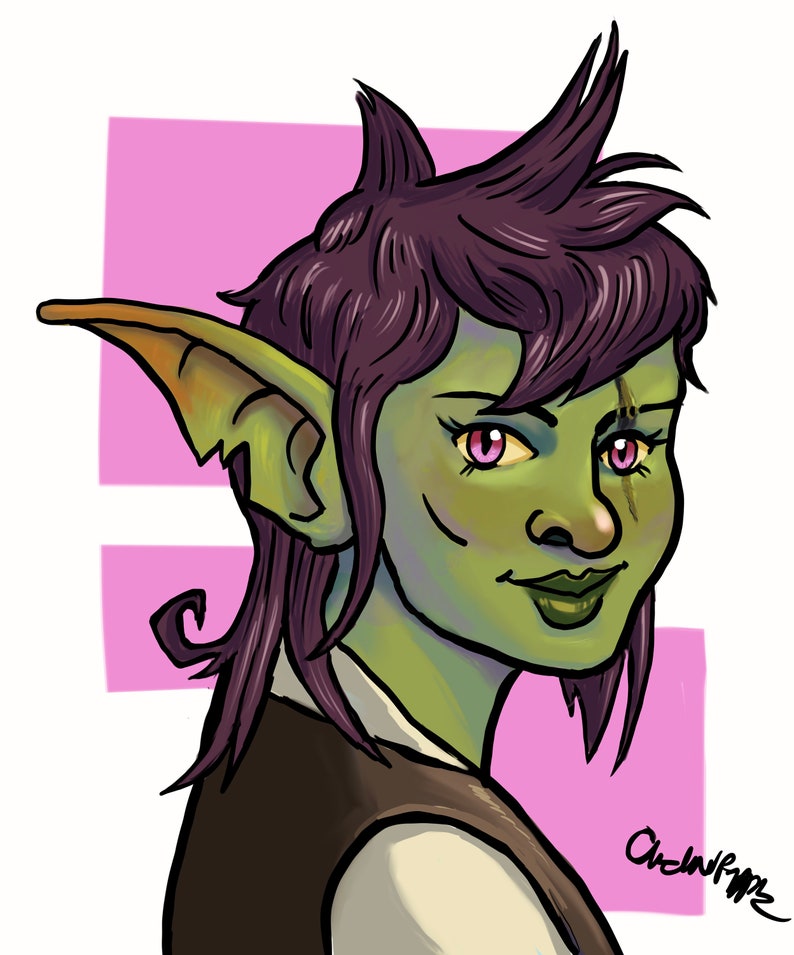 K&ouml;nnte beinhalten: Eine digitale Illustration eines gr&uuml;nh&auml;utigen Goblins mit lila Haaren, der eine braune Weste und ein wei&szlig;es Hemd tr&auml;gt. Der Goblin hat gro&szlig;e Ohren und rosa Augen. Der Hintergrund ist hellrosa.