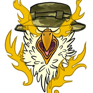 K&ouml;nnte beinhalten: Ein Cartoon-Adler, der einen Tarnhut mit Flammen dahinter tr&auml;gt. Der Adler hat einen gelben Schnabel und einen wei&szlig;en Kopf und Hals.