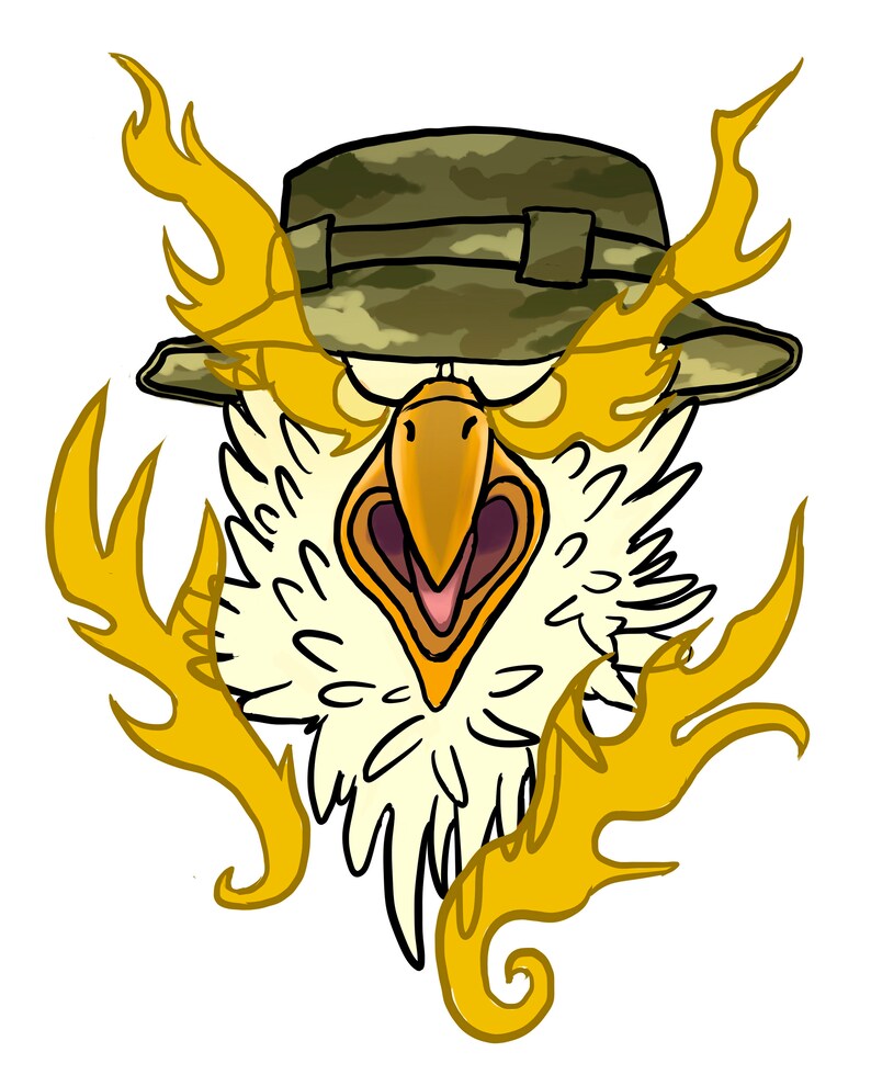 K&ouml;nnte beinhalten: Ein Cartoon-Adler, der einen Tarnhut mit Flammen dahinter tr&auml;gt. Der Adler hat einen gelben Schnabel und einen wei&szlig;en Kopf und Hals.