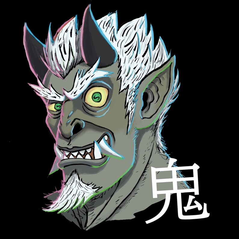 K&ouml;nnte beinhalten: Eine digitale Illustration eines grauen D&auml;mons mit wei&szlig;en Haaren und H&ouml;rnern. Der D&auml;mon hat einen grimmigen Ausdruck mit scharfen Z&auml;hnen und Fangz&auml;hnen. Der Hintergrund ist schwarz mit dem japanischen Schriftzeichen f&uuml;r "D&auml;mon" in Wei&szlig;.