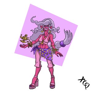K&ouml;nnte beinhalten: Ein rosa Cartoon-Dschinn mit lila Haaren und einer goldenen Lampe. Sie tr&auml;gt ein lila-goldenes Bauchtanzkost&uuml;m und hat einen schelmischen Ausdruck im Gesicht.