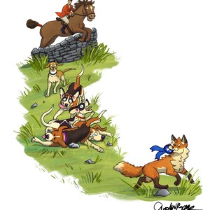 K&ouml;nnte beinhalten: Eine Cartoon-Illustration eines Fuchses, der mit einem blauen Band davonl&auml;uft, w&auml;hrend eine Meute Hunde ihm nachjagt. Im Hintergrund springt ein Reiter auf einem Pferd &uuml;ber eine Steinmauer.