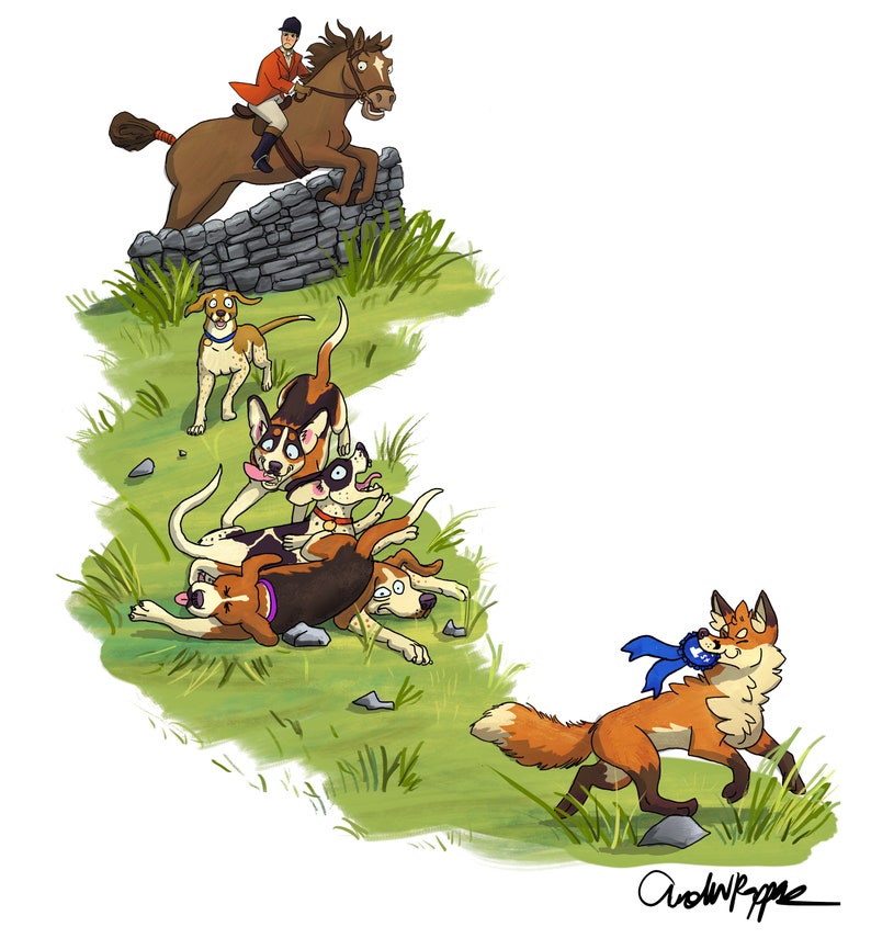 K&ouml;nnte beinhalten: Eine Cartoon-Illustration eines Fuchses, der mit einem blauen Band davonl&auml;uft, w&auml;hrend eine Meute Hunde ihm nachjagt. Im Hintergrund springt ein Reiter auf einem Pferd &uuml;ber eine Steinmauer.