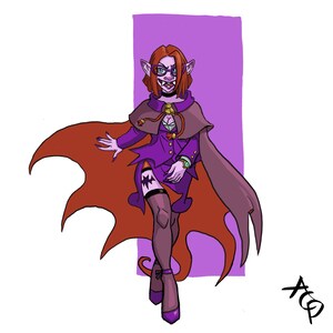 K&ouml;nnte beinhalten: Eine Frau mit violetter Haut, roten Haaren und Brille tr&auml;gt ein violettes Kleid und einen roten Umhang. Sie hat spitze Ohren und einen schelmischen Ausdruck.