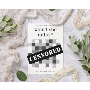 Puede incluir: Un juego imprimible "Would She Rather?" con una cuadrícula de preguntas en blanco y negro. El juego está parcialmente censurado con una barra negra que cubre las preguntas.
