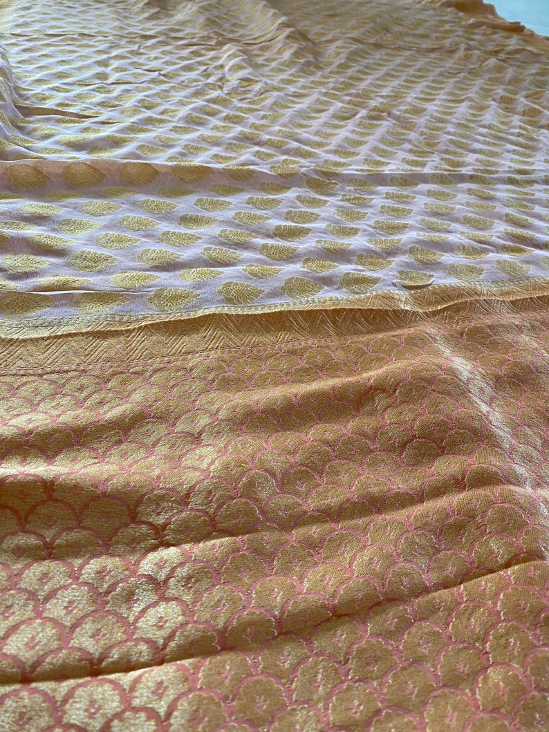 bridesmaids Gift for her Peach Saree wedding Saree handloom saree Christmas Gift Pure Georgette khaddi Banarasi saree gold zari saree