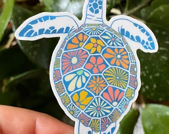 Floral Sea Turtle Sticker: Waterproof Vinyl Decal