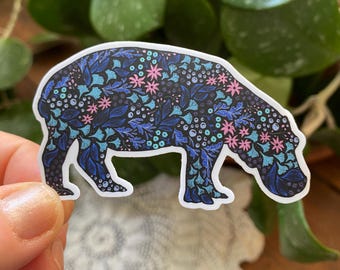 Sticker hippopotame floral : sticker vinyle imperméable, cadeau pour les amoureux des animaux