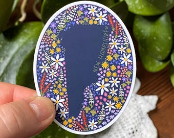 New Hampshire State Sticker: New Hampshire, NH, NH Floral Silhouette, State Stickers, Waterproof Vinyl Sticker, Water bottle Sticker