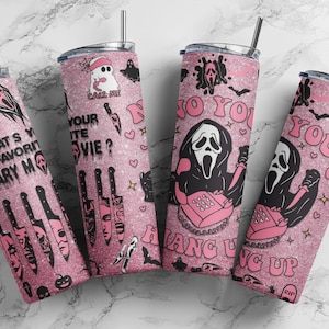 Scream Ghostface Pink 20oz Tumbler /  Scary Movie cup mug , No you hang up / pink glitter sublimination tumbler / Halloween Scream gift