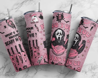 Gobelet rose 20 oz Scream Ghostface / Mug film effrayant, Non, vous raccrochez / Gobelet à sublimation à paillettes roses / Cadeau cri d'Halloween
