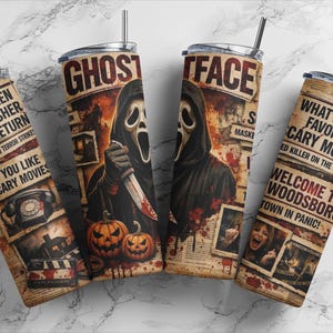 May include: Four cylindrical tumblers with metal straws featuring a horror movie theme. The design includes the text Ghostface, Local Teen Slasher Return, and What's Your Favorite Scary Movie, alongside illustrations of a masked figure, pumpkins, and a rotary phone.