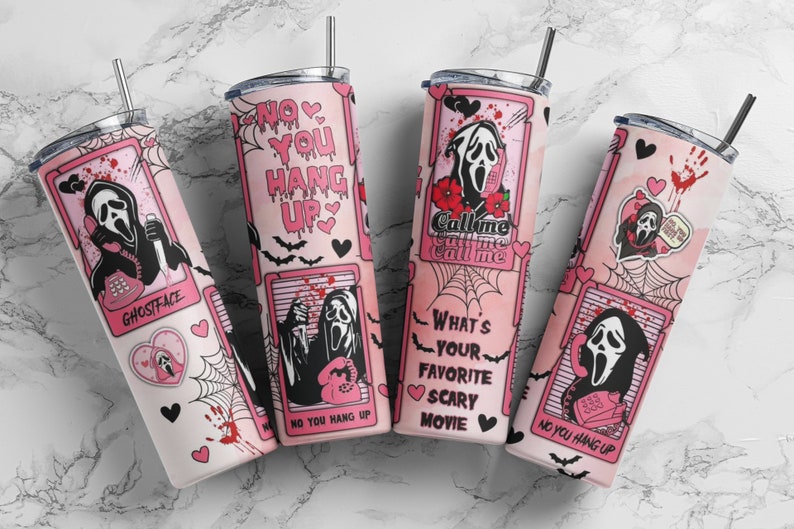 May include: Four pink and white stainless steel tumblers with a Ghostface design from the Scream movie franchise. The tumblers feature different designs, including a Ghostface mask, a phone, and the text "No You Hang Up" and "Call Me Call Me".