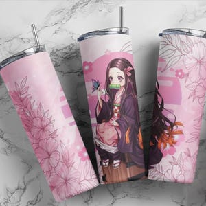 Nezuko Anime Tumbler 20oz, Pink Cherry Blossom Demon Slayer Cup, Anime Gift for Her, Kawaii Floral Travel Cup with Straw