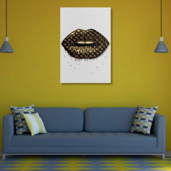 Gold Dripping Lips, Canvas Wall Art, Ready to Hang, canvas Man Cave Art, Home Decor, Canvas Frame