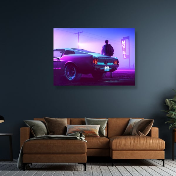 Car canvas print, Car neon canvas wall art,  canvas painting, Neon canvas print, ready to hang canvas