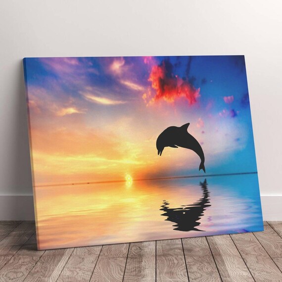 Sunset Beautiful Ocean Dolphin Canvas Art Ready to Hang Etsy