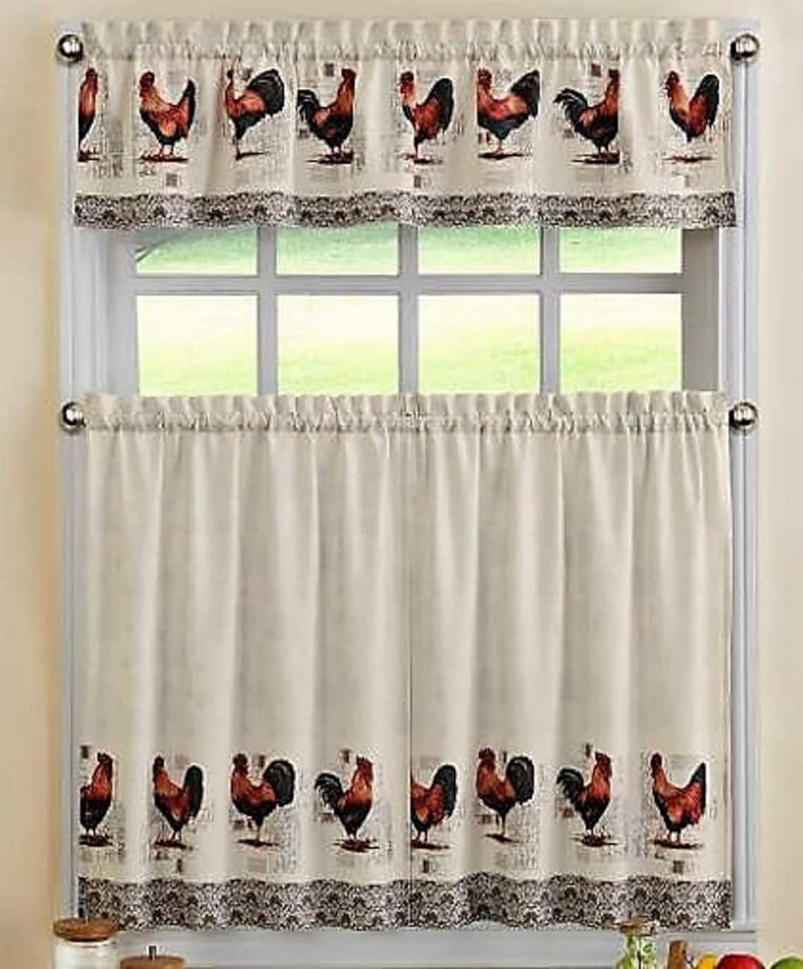Roosters Kitchen Window Curtain Set 3 Pc Etsy