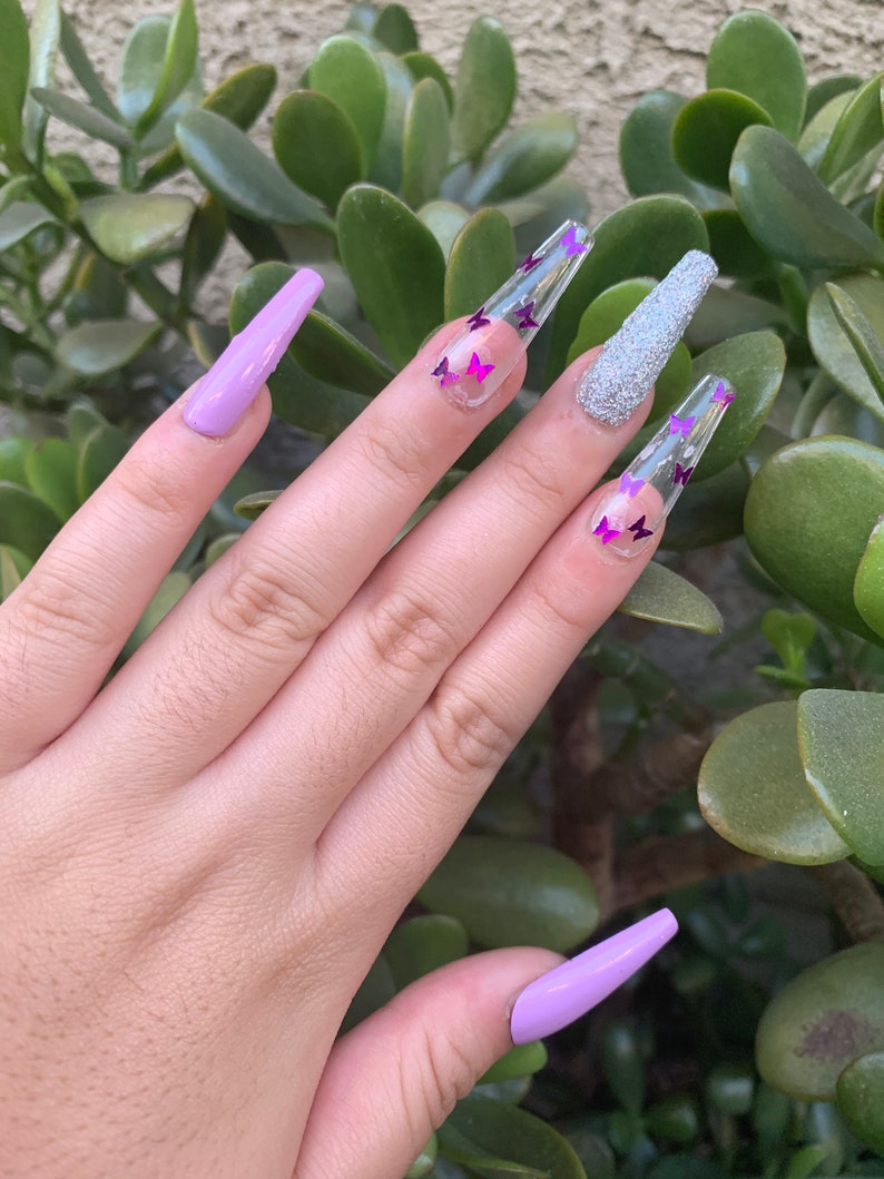 Purple glitter butterfly nails | Etsy