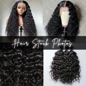 May include: Four images displaying black curly wigs and hair bundles. One wig is on a mannequin head, another on a wig stand, and the others are close-ups of the hair texture. The text "Hair Stock Photos" is overlaid on the images.