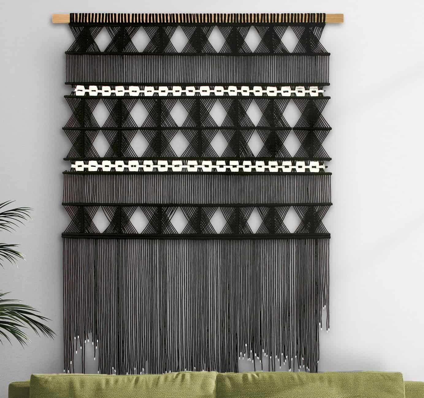 Large Black Macrame Wall Hanging, Pure Cotton Hand Dyed Wall Decor