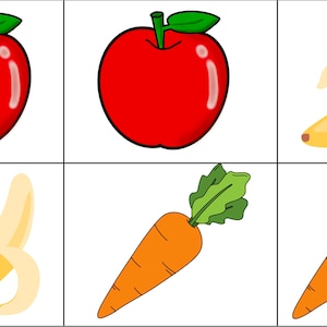 May include: A set of six colorful illustrations of fruits and vegetables. The illustrations include a red apple, a yellow banana, and an orange carrot.