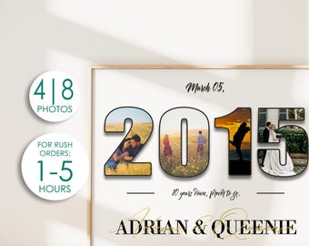 May include: A white framed print with a photo collage of a couple's wedding photos arranged in the shape of the year 2015. The text "March 05, 2015" is at the top of the print. The text "10 years down, forever to go." is below the photo collage. The names "ADRIAN & QUEENIE" are at the bottom of the print.